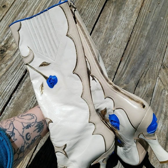 SOLD Miu Miu Runway 2012 Blue Gold Rose Heel Boots - Picture 7 of 8